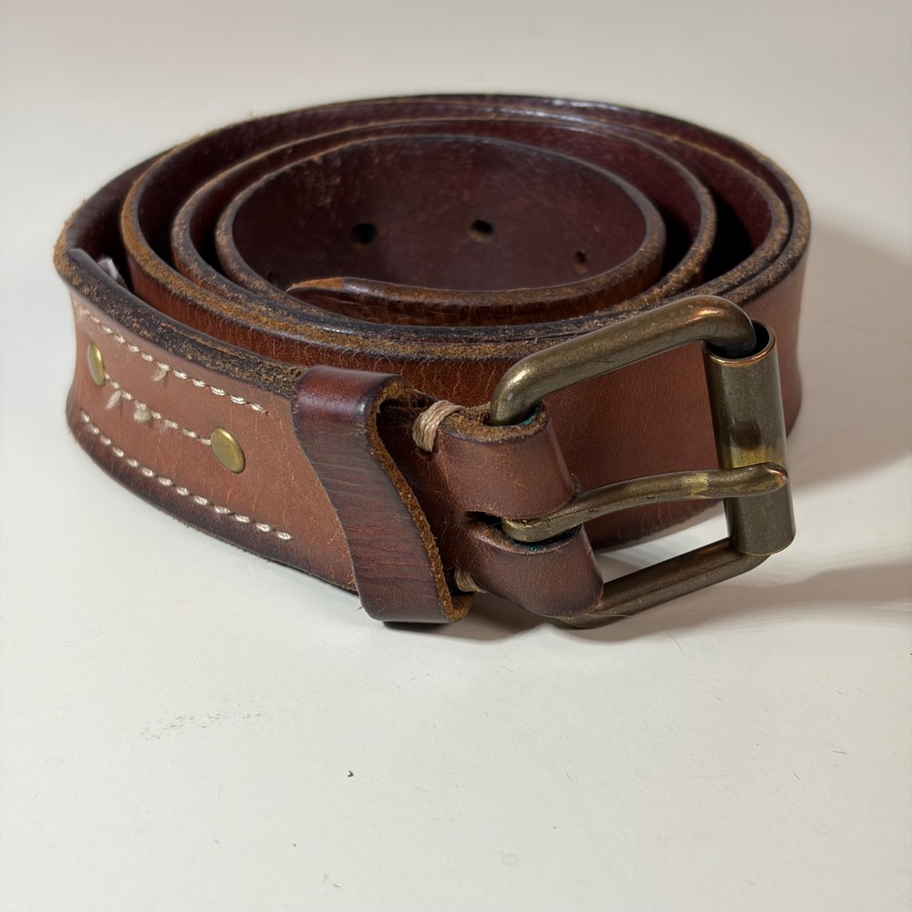 LANDS END Distressed Rugged Brown Leather Belt Patina Brass Buckle Mens 40/42